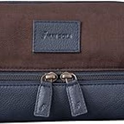 Genuine Leather Canvas Toiletry Bag for Men, Shaving Kit Bag, Portable Travel Organizer, Pouch for Travelling - Navy Brown-image-3