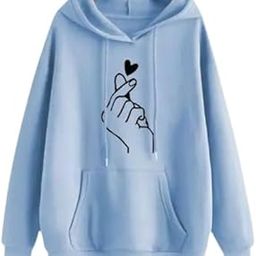 Light Blue Oversized Hoodie for Women with Korean Finger Heart Print | Trendy Pullover Sweatshirt with Pocket & Hood | Casual Fashion for Girls Teens-image-49