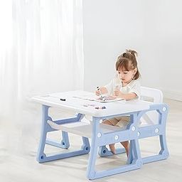 MOREYAJI Kids Functional Desk Chair Set 3-12years Boys Girls/Kids Study Table Children's Study Desk and Chair Set, Height Adjustable, White and Blue, with Storage Shelf, Ages 3+-image-72