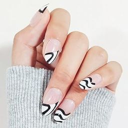Styfy Press On | Stick On Fake Nails | Round | Artificial Designer With 24 Pcs Jelly Glue on False Nail Including Manicure Kit - Black & White Zebra Swirls-24