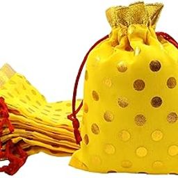 Soul Artisan Potli Drawstring Bag Yellow Color - Polka Dot with Golden Border for Return Gifts, Wedding, Baby Shower, Haldi Functions, Dry Fruit and Jewelry Packaging Size 12X18 cm | Pack of 30-image-52