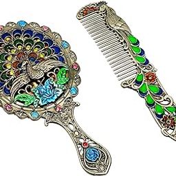 Compact Mirror Hand Mirror and Comb Unisex Antique Work Handicraft Elliptical Metal Hand Mirror and Comb Set(Comb and Mirror) (Multicolor)-16