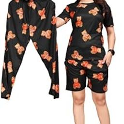 SALIMAR Enterprise 3 Pcs for Women Printed Co-Ords Set Night Suit and Night Dress T-Shirt Pyjama Combo-image-85