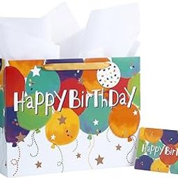 Loveinside Colorful Birthday Gift Bag, Balloons Pattern with HAPPY BIRTHDAY Text, Matching Tissue Paper, Greeting Card and Tag, Ideal for Kids' Birthday Gifts, 13" x 5" x 10", 1 Pcs-3