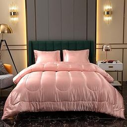 Satin Comforter Set King Size Silk Like Pink Comforter Silky Polyester Filling Bed Comforters Luxury Hotel Satin Pink Girls Bed Comforter 1 Comfrter 2 Pillowcase (King, Pink)-16