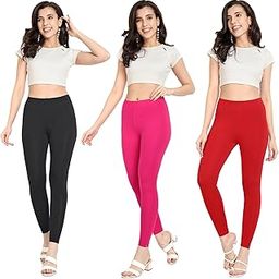 T2 Womens Ankle Length Leggings | Cotton Combo Leggings | 180 GSM | Mid-Waist Design | Pack of 3-image-38