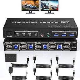 Yeemie Pro Usb 3.0 Kvm Hdmi Dual Monitors 4 Computers, 4K @ 60Hz Hdmi Dual Monitor Switch for 4 Units with Audio Output and 3 Usb 3.0 Ports, Supor 4 Port Hdmi Kvm Switch Input-14