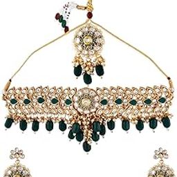 Green Meenakari Kundan Choker Necklace Earring Maangtikka & Ring Set For Women-ZPFK18536-image-2