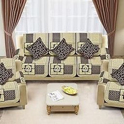 Dazzling DECOR Velvet Sofa Cover with Arm Cover and Cushion Covers Set of 5 Seater - Sofa Covers 3 Seater and 2 Seater Full Cover Set for Couch Seat - Heavy Fabric Sofa Slip 1248_02_Brown-image-22