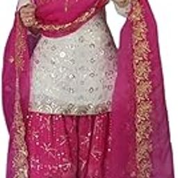 WOMEN'S Georgette Dhoti Salwar Suit (Patiyala Suit) (SF26114 White Free Size)-46