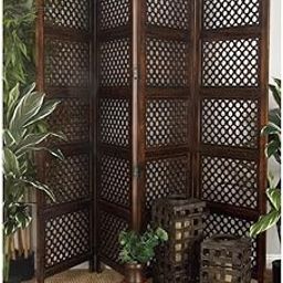indian crafty Traditional 4-Panel Folding Wood Room Divider – Dark Brown Carved Mango Wood & MDF-image-65