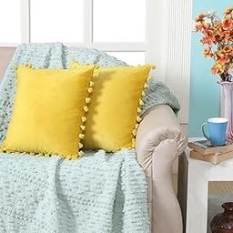 Amazon Brand - Umi Decorative Velvet Throw Pillow Cover 16x16 Inch (2 Pc) Tassels Fringe Design Pillows for Farmhouse Couch Sofa Bedroom in Yellow Velvet Cushion Covers-image-6