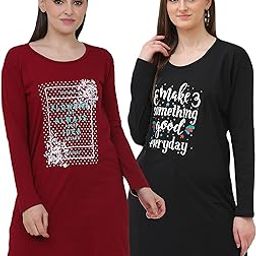 Cotton Printed Full Sleeves Round Neck Regular Fit T-Shirts/Top/Long Night Wear T-Shirt for Women's & Girls (Pack of 2)-image-24