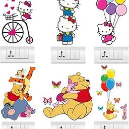 Rawpockets 30 cm Cartoon Switch Board Sticker - Kitty - Pooh Balloon - Cycle - Kids Animal Self Adhesive Sticker (Pack of 6)-image-71
