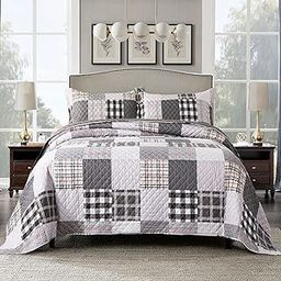 Travan Quilt Set 3-Piece Oversized Quilted Bedspread Coverlet Set Grey European British Grid Patchwork Bedding Set, King Size-image-9