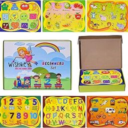WISHKEY Wooden Educational Colorful Fruits,Animal,Number,Geomatric Shape,Vehicle,Alphabet Set of 6 Board Puzzle Board for Pre School Toddler Kids 3 Years & Above (Pack of 6, Multicolor)-17