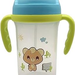 Te Quiti Baby Sipper Bottle Leakproof Durable Twin Handle BPA Free Non-Toxic with Straw - Cartoon Design on Water Bottle with Sipper for Kids Girls & Boys Green Color-15