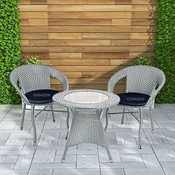 CORAZZIN Rattan Wicker Garden Patio Seating Chair and Table Set for Outdoor Balcony Garden Coffee Table Set Furniture with 1 Table and 2 Chairs with Blue Cushion, Grey-17