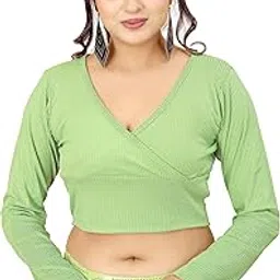shasmi Women's & Girls' Solid Ribbed V Neck Collarless Full Sleeve Slim Fit Simplicity Blouse for Women (Blouse 54 White XL)-picture-35