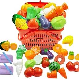 PLUSPOINT Fruit Cut Toy with Storage Basket Realistic Sliceable Cutting Fruits and Vegetable Pretend Play Kitchen Toys for Kids 7-Fruits/ 7-Vegetables/ 2 Board/ 2 Knife (Multicolour), 18pc-1