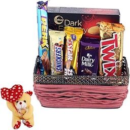 SFU E Com Beautiful Basket With Tasty Almond Chocolate | Valentine Heart Teddy Bear With Chocolate Combo | Valentine Chocolate Hamper | 730-12