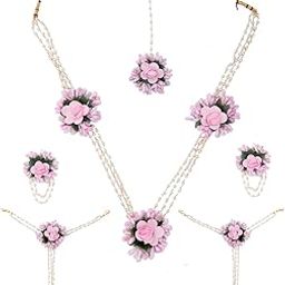 Art Jewellery Delicate and Fancy Baby Pink Colour Flower Jewellery Set for Haldi Gota Patti Necklace Earrings, Bracelet & Maang Tika (Mehandi/Haldi/Wedding/Bridal/Baby Shower)-image-10