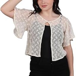 Women Self Design Cotton-Lace Round Neck Flared Sleeve Shrug | Front Open, Button Closure-28