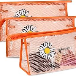 Kuber Industries Toiletry Pouch | Cosmetic Makeup Pouch | Vanity Pouch for Woman | Makeup Accessories Pouch | Transparent Net Pouch | Sunflower-Cosmetic Bag | Pack of 3 | Orange-image-23