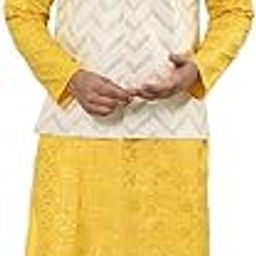 Men's Cotton foil Printed Kurta and White Pyjama with Printed Nehru Jacket-image-2
