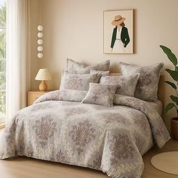 Ab Home Decor 350TC Microfiber AC Comforter Set King Size Double Bed with Elastic Fitted Bedsheet 72x78x8 Inch All Around Elastic II 4 pc Elastic Fitted Bedding Comforter Set-Brown Damass-image-78