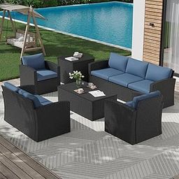 MJA FURNITURE Patio Outdoor Sofa for Balcony, Garden, Terrace 7 Seater | Weather Resistant Rattan & Wicker Sofa Set with Ottoman & Side Table | 7 Seater Outdoor Sofa (Blue)-image-44