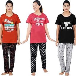 Womens Cotton Printed Top and All Over Print Pyjama Set/Pajama Night Suit Set/Sleep wear Set/Loungewear Set Combo Pack California Rust I Woke Black Different TomatoRed-image-3