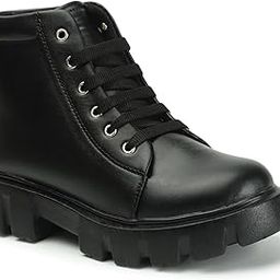 The All Way Women's High Ankle Boots, Black Synthetic Leather, Lace-up, Platform Ch unky Sole-image-18