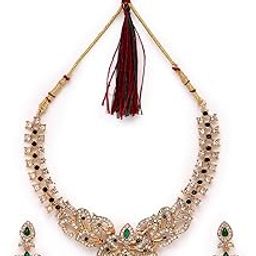 Dramatic Gold Plated AD Stone Collar Bone Necklace Set And Earring | Jewellery Set For Women (NS105660)-image-29