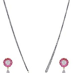 Gold-Plated AD Stone-Studded With Black Beaded Chain Mangalsutra-image-2