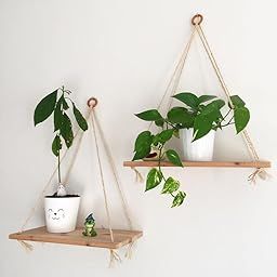 woozy work - Wall Hanging Shelves with Adjustable Rope, Floating Shelf, Rustic Look, Hanging Plant and Book Shelf for Bedroom, Living Room, Restrooms and Bathrooms, Premium Wood Shelf-image-89