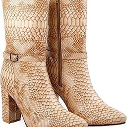 Women 3.5 Inch Block Heel Height Snakeskin Print Mid-Calf Boot And Casual High Ankle Boot-image-18