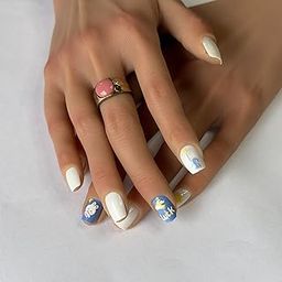 Mesmerayz Kids Cartoon Bunny Press-On Nails | Soft Gel Blue & White Set with Cute Animal & Star Designs | 24pcs Reusable Short Square Nails for Girls | Includes Glue & Accessories-image-4