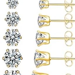 6 Pairs Stainless Steel Stud Earrings Set Hypoallergenic Cubic Zirconia 14K White Gold 316L CZ Earrings, Stainless Steel, Cubic Zirconia-image-15
