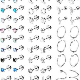 25 Pairs Tiny Cartilage Stud Hoop Earrings for Women Men, Star Moon Screwback Flat Back Stud Earrings Stainless Steel Flatback Earrings Piercing Set, Stainless Steel, Cubic Zirconia-30