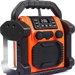 Outdoor Clock Radio with Bluetooth Speaker, IPX 66 Waterproof Portable Job Site Radio with LED Lights, Anticollision FM Radios for Constrution Site/Outdoor/Fishing/Party/Camping（Orange）-10
