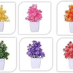 KanRaj ®Set of 6 Colorful Bonsai Wild Artificial Plant with Pot Multicolor-image-2