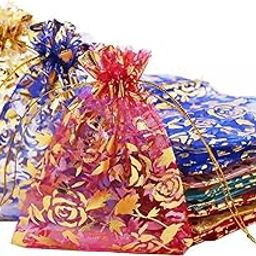 Polyester-Pack Of 25 (10X14 Cms) Organza Return Gift Packing Bags Potli|Pouch For Kids I Return Gift Pouch For Woman I Drawstring Pouches For Wedding Printed Organza Bag Multi Colour-30