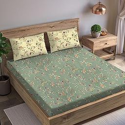 Trance Home Linen 180TC 100% Cotton 84"x78" Elastic Fitted Bedsheet Super King Bed Size | Printed Fitted Sheet | Elasticated Fitted Bedspread with 2 Pillow Covers (84x78 inch, Lilly Green Ivory)-image-6