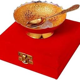 Kavya Enterprises Brass Bowl Set with Spoon, Peacock Embossed Design, 300ml, Red Velvet Gift Box-image-1