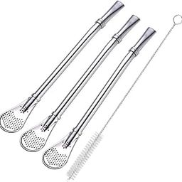 Yerba Mate Bombilla Gourd Drinking Filter Straws 304 Food-Grade Stainless Steel 6.1 inch Long Spoon Bombillas Straws for Mate Tea Set of 3 with Cleaning Brush (Silver)-picture-24
