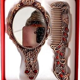 The Rapid Maturation Vintage Peacock Design Hand Mirror and Comb Set, Antique Bronze Finish, Ornate Floral Pattern-26