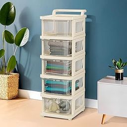 Kuber Industries 5 Layer Plastic Modular Storage Drawer Organizer with Wheels | Chest of Drawer Storage Box for Living Room, Office, School and Home | Toys Organiser for Kids Room | Transparent Ivory-1