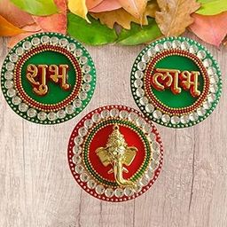 P.A.Decorative Shubh-Labh-Ganesha Main Entrance Hanging Acrylic Stickers for Main Door/Wall Decoration[3piece],Golden-17