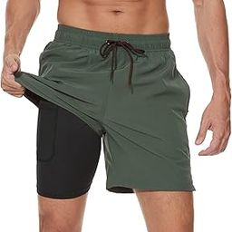 Mens Swim Trunks with Compression Liner 2 in 1 Beach Swimming Trunks Quick Dry Swim Shorts with Zipper Pockets-picture-18